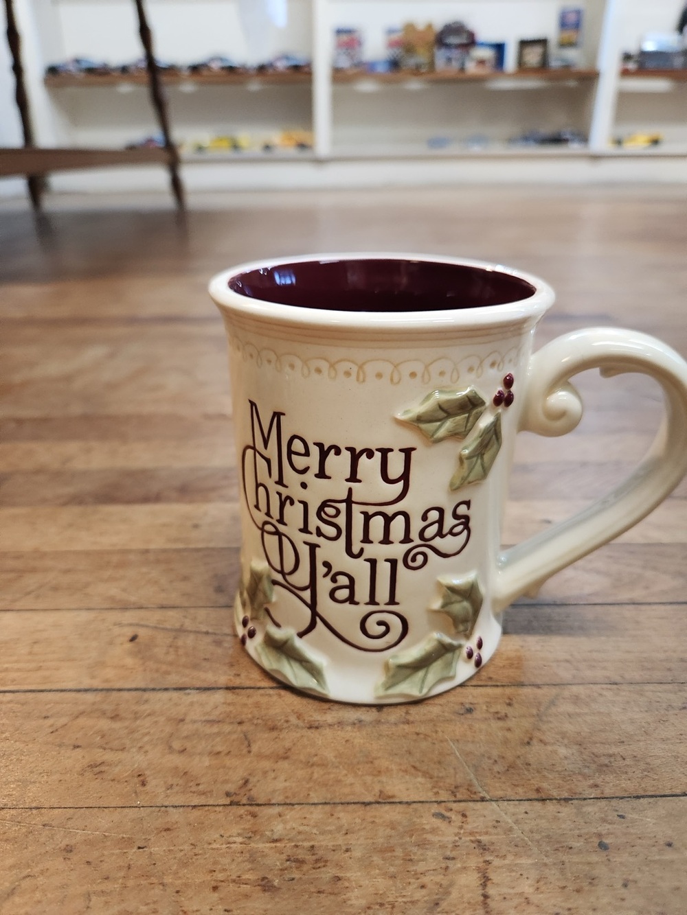 Merry Christmas Y'all Ceramic Mug - Cream with Burgundy Interior